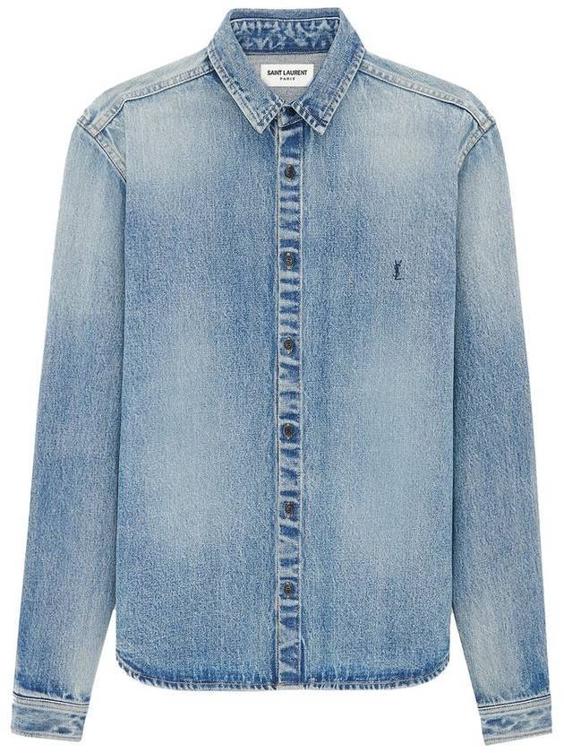 Luxury Saint Laurent Trending 2025 Men's Cassandre Logo Denim Long Sleeve Shirt Blue