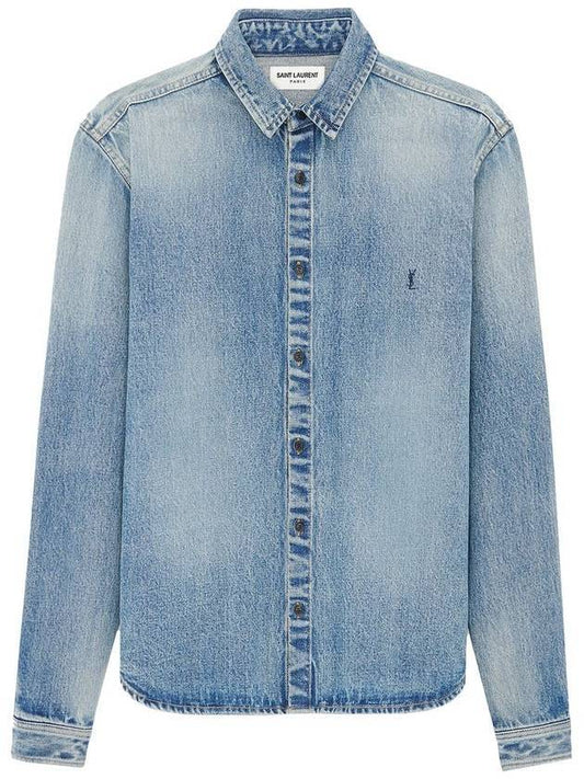 Luxury Saint Laurent Trending 2025 Men's Cassandre Logo Denim Long Sleeve Shirt Blue