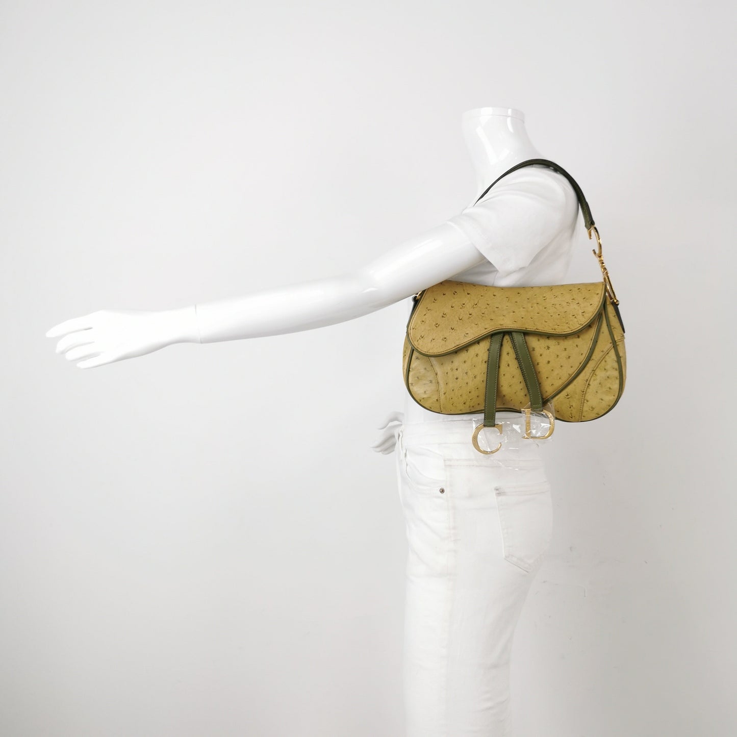 Dior Vintage Double Saddle Green Ostrich Leather Gold Hardware