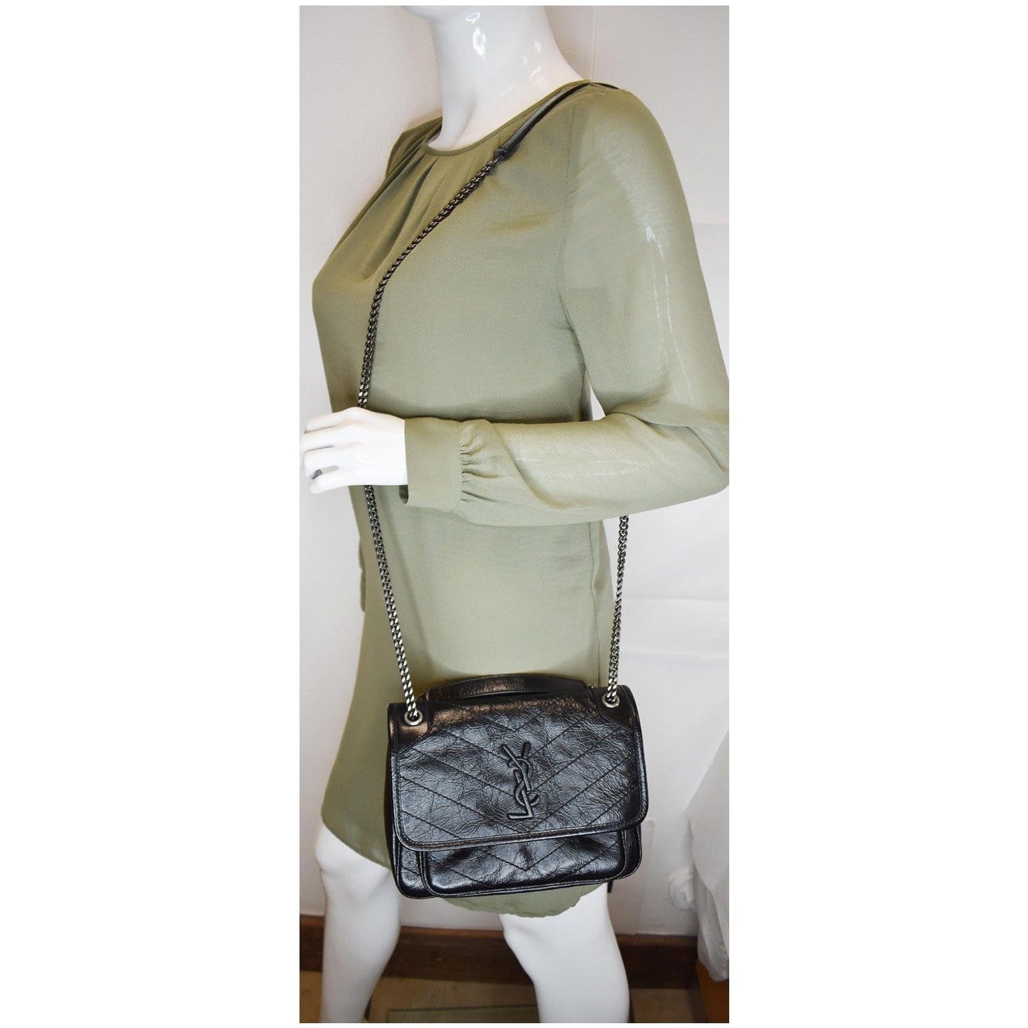 YVES SAINT LAURENT Niki Baby Crinkle Leather Crossbody Bag Black