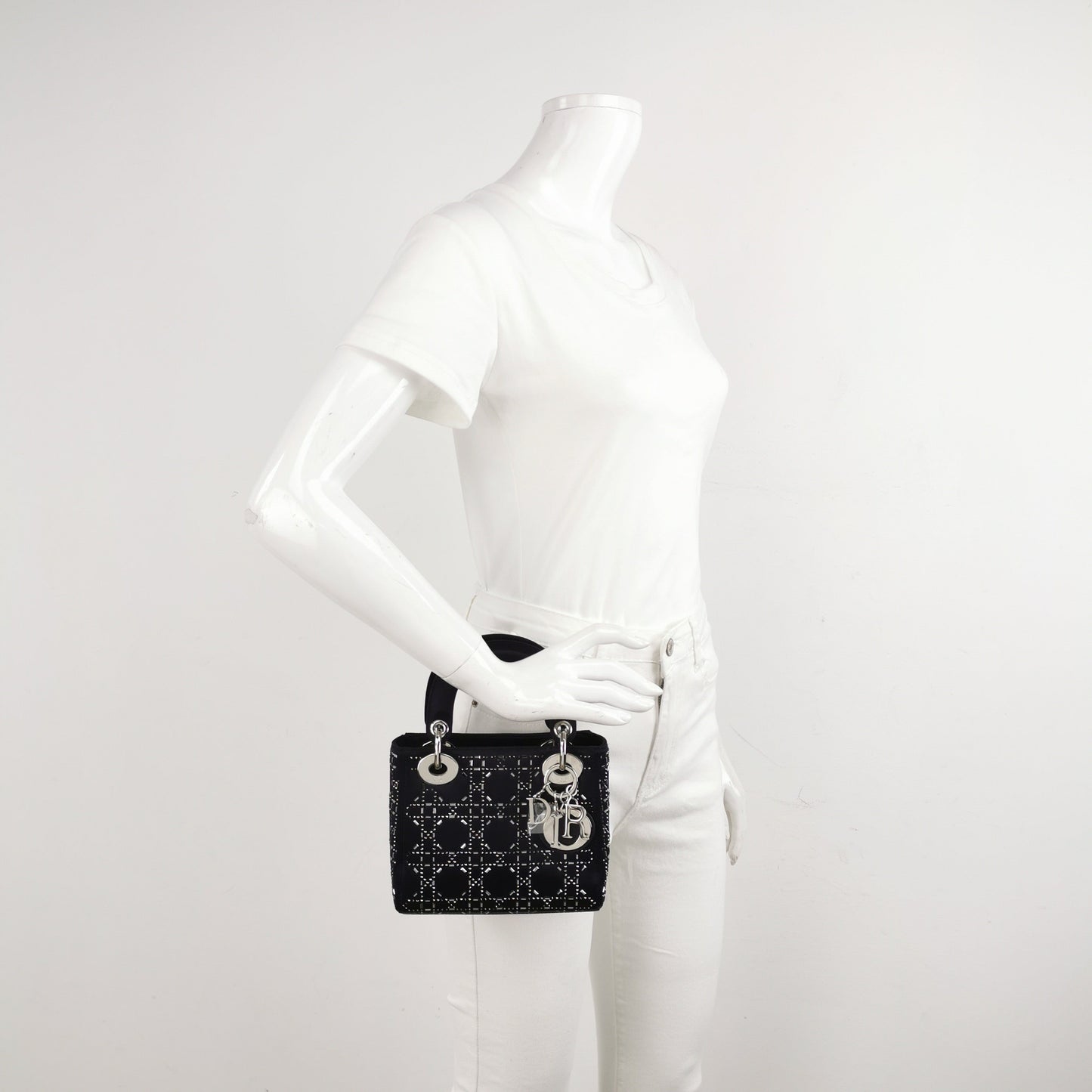 Lady Dior Mini Black Silk with Crystals Silver Hardware