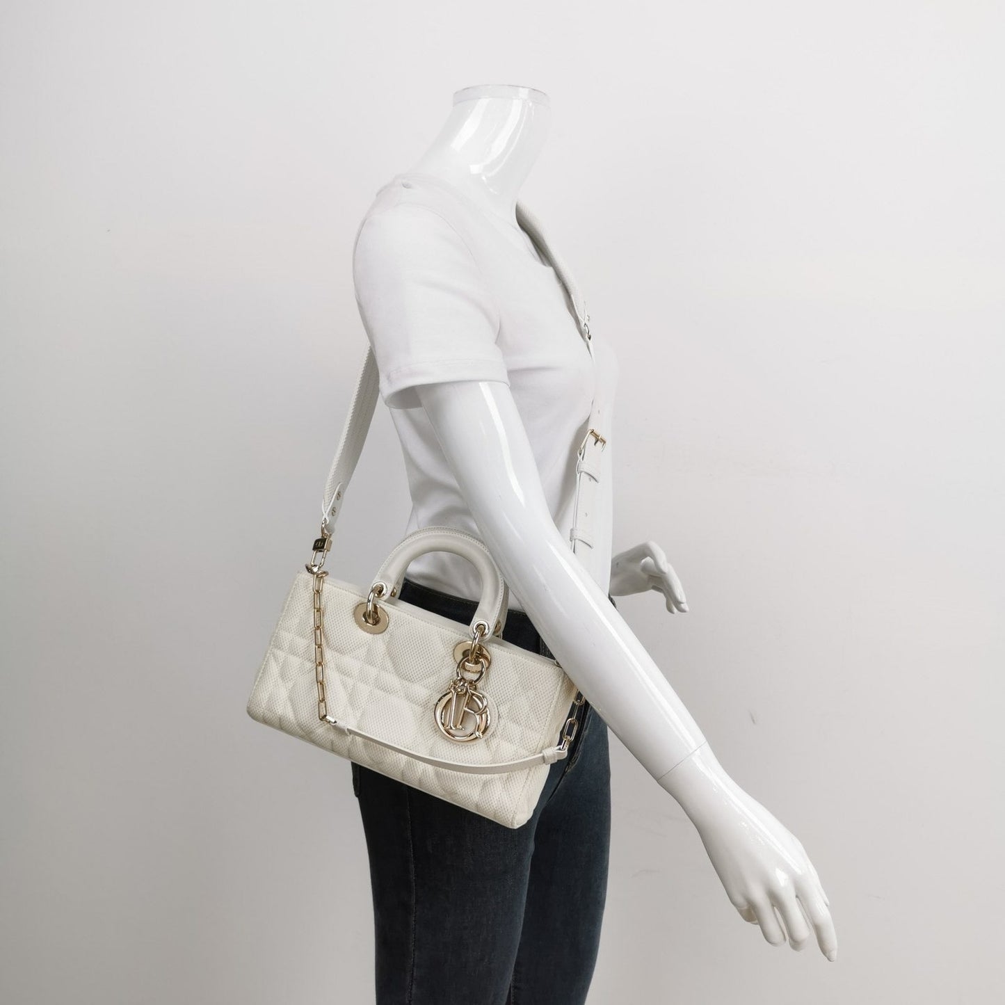 Lady D-Joy Mini Handbag Microcannage Technical Fabric White with Two Straps