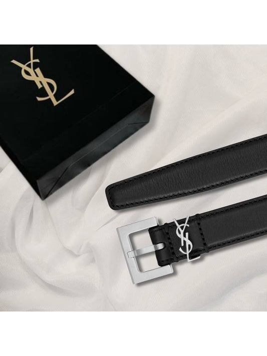 Luxury Saint Laurent Trending 2025 Square Buckle Cassandre Thin Leather Belt Black