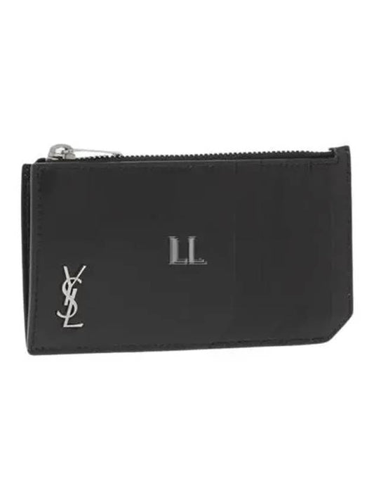 Luxury Saint Laurent Trending 2025 Tiny Cassandre Fragments Silver Hardware Leather Zipper Card Wallet Black