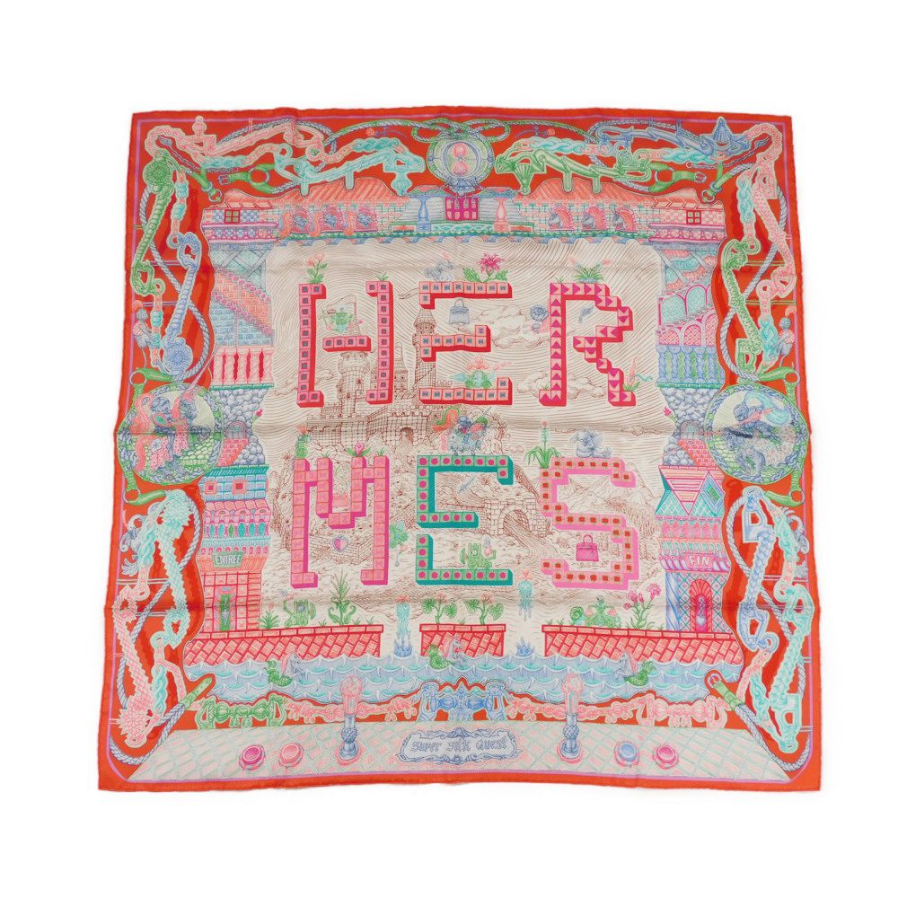 HERMES scarf silk Rouge Super Silk Quest Carre 90