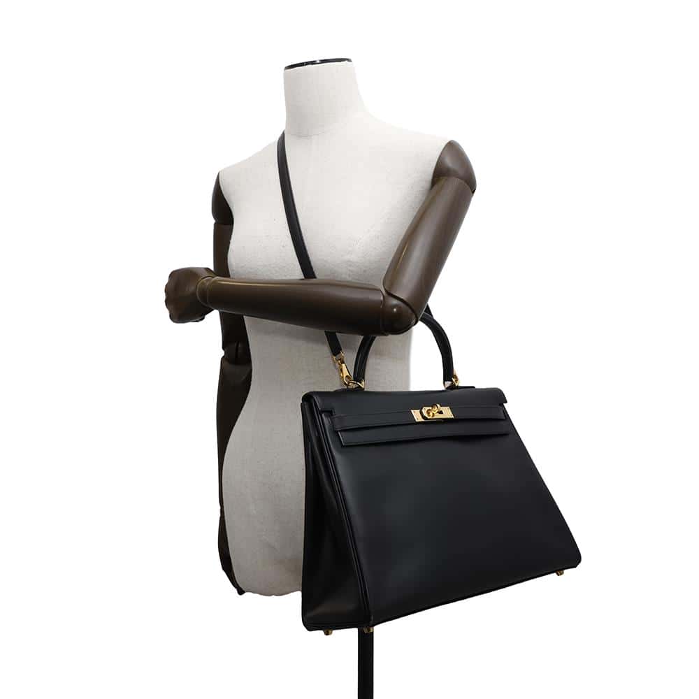 HERMES Kelly Retourne Black Box Calf Leather Size 35