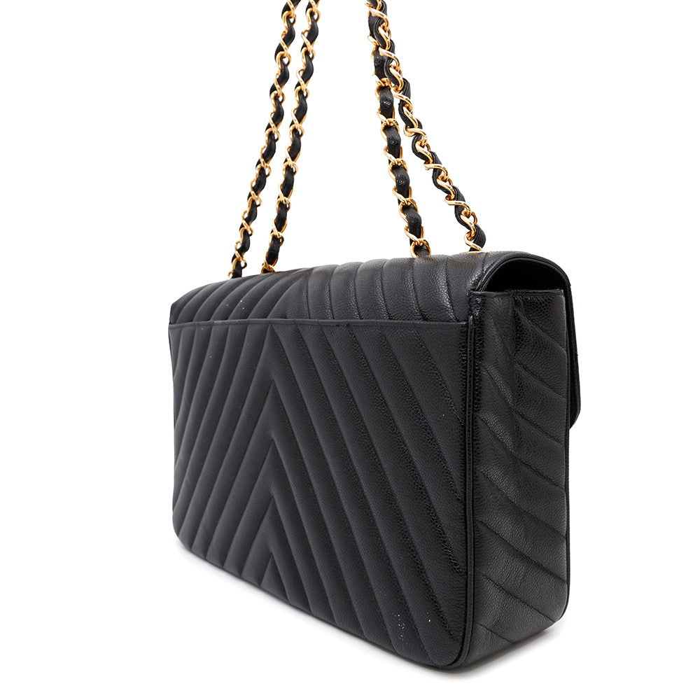 CHANEL V Stitch ChainShoulder Bag BlackA03660 Caviar Leather Size 34