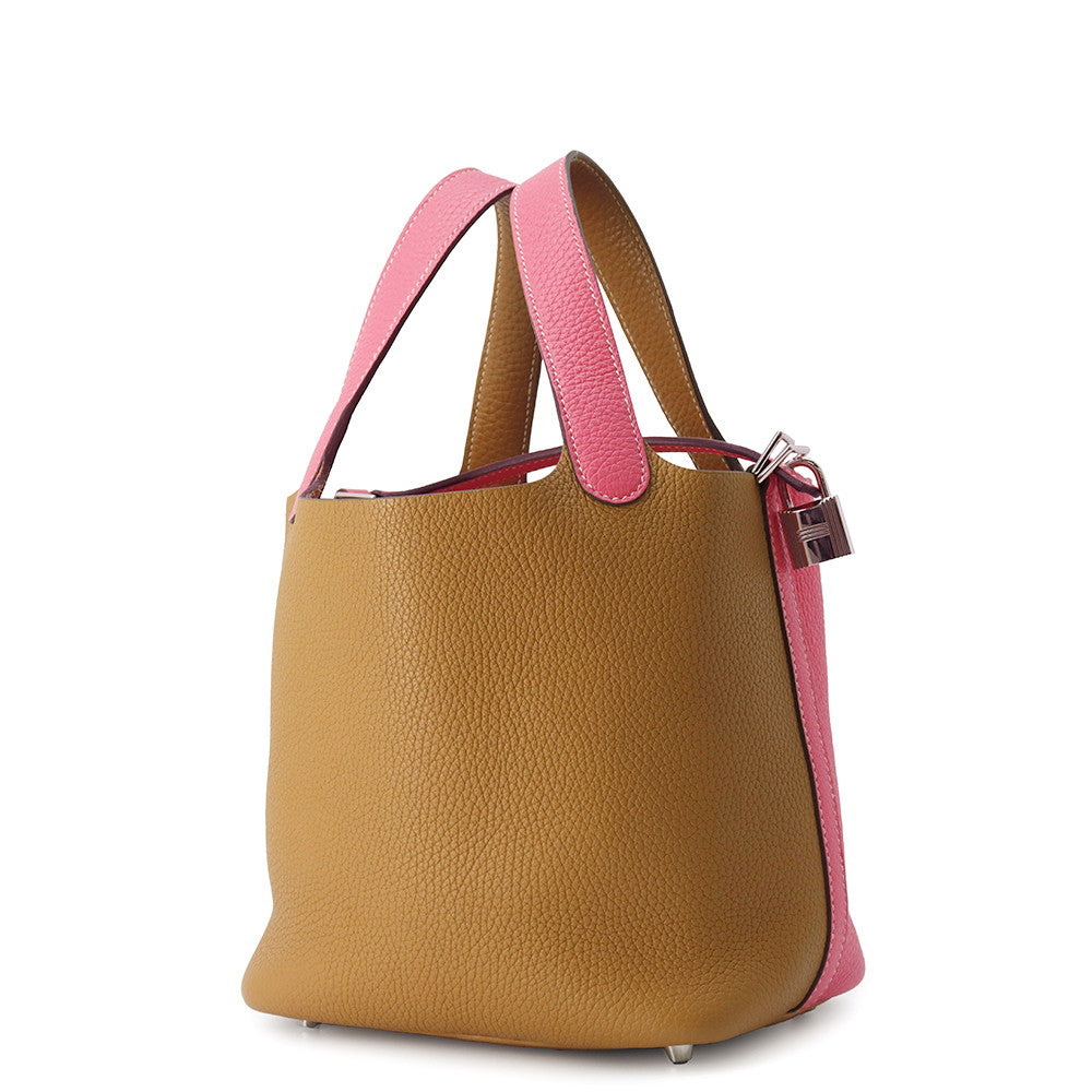 HERMES Picotin Lock Casaque Sesame / Rose Azalee Taurillon Clemence Size PM