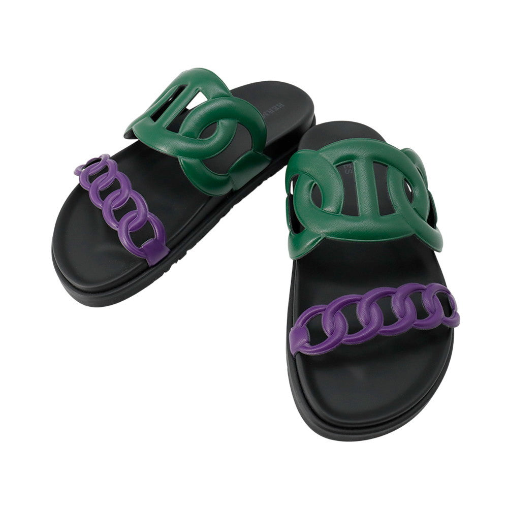 HERMES Sandals ãExtraã Vert Electric/Violet/Black Leather Rubber Size 37.5