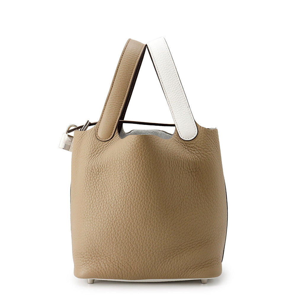 HERMES Picotin Lock Casaque2 Beige Marfa/New White/Macassar Taurillon Clemence Swift Leather Size PM