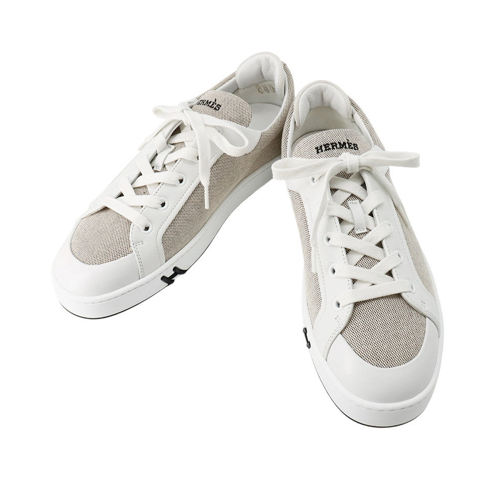 HERMES Sneakers Kid Plus Noir/White Toile H Calf Leather ChÃ¨vre Velour Size 38