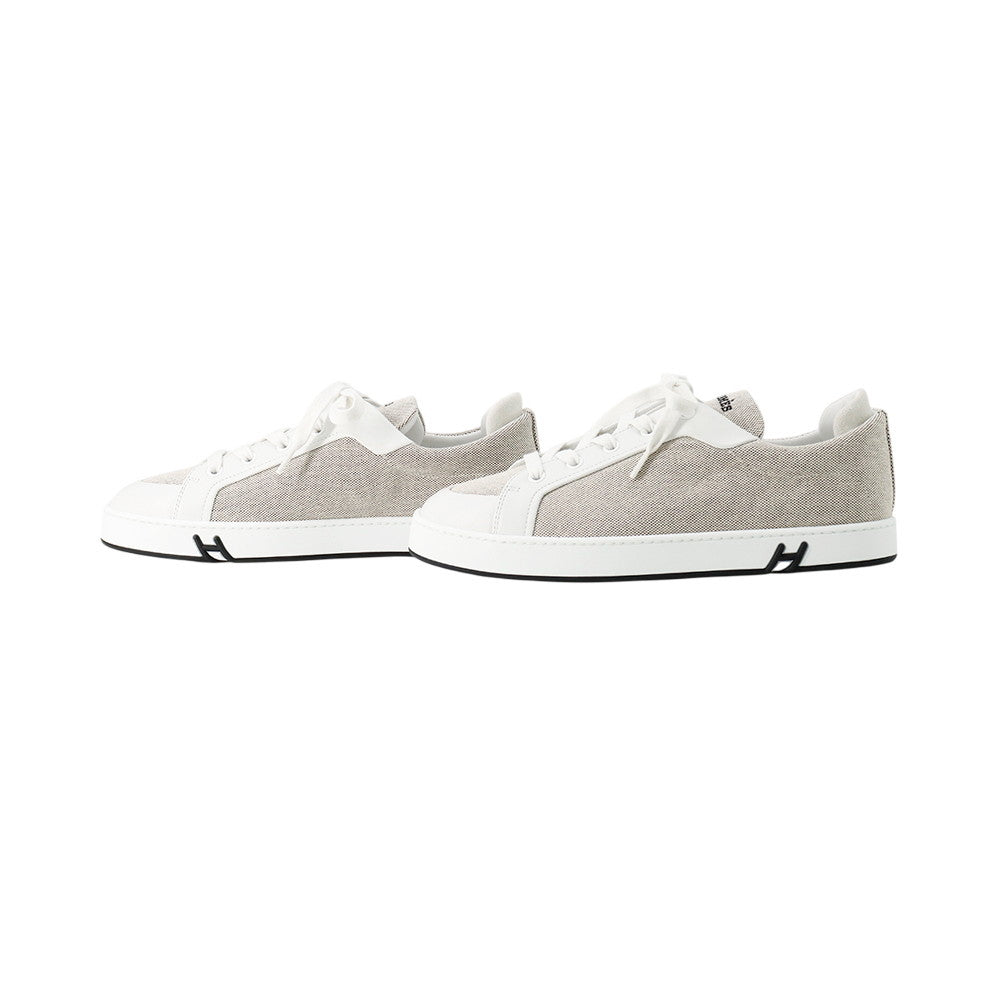 HERMES Sneakers Kid Plus Noir/White Toile H Calf Leather ChÃ¨vre Velour Size 38