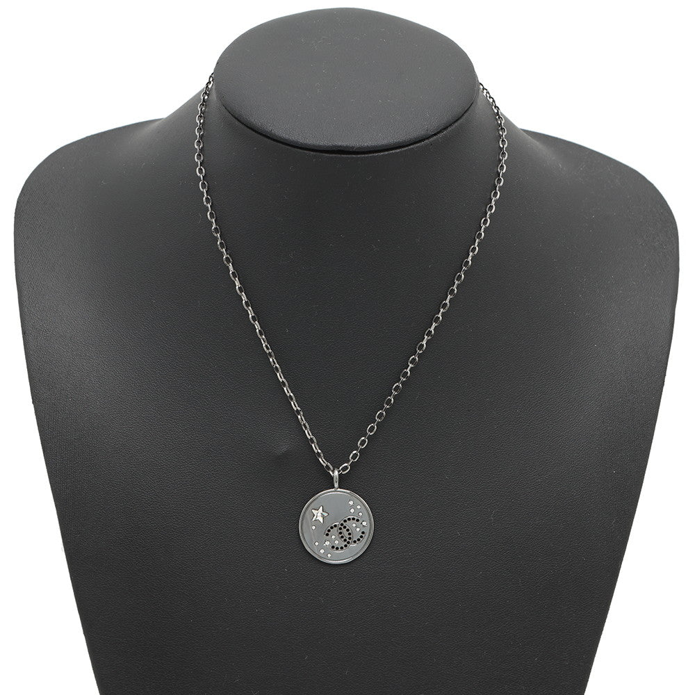 CHANEL CC Logo Star Medal Necklace SilverABE554 Metal strass