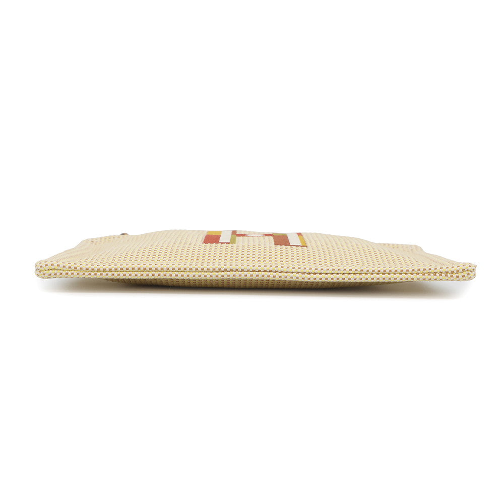 HERMES Flat pouch with embroidery "Fauve Le Corner" Citron/Ochre Toile Chevrons Size PM