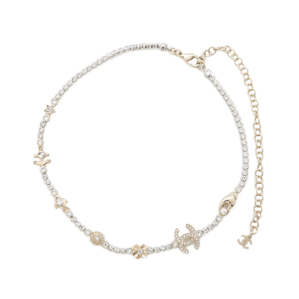 CHANEL CC Logo NecklaceABE912 Gold Plated Rhinestone Faux Pearl