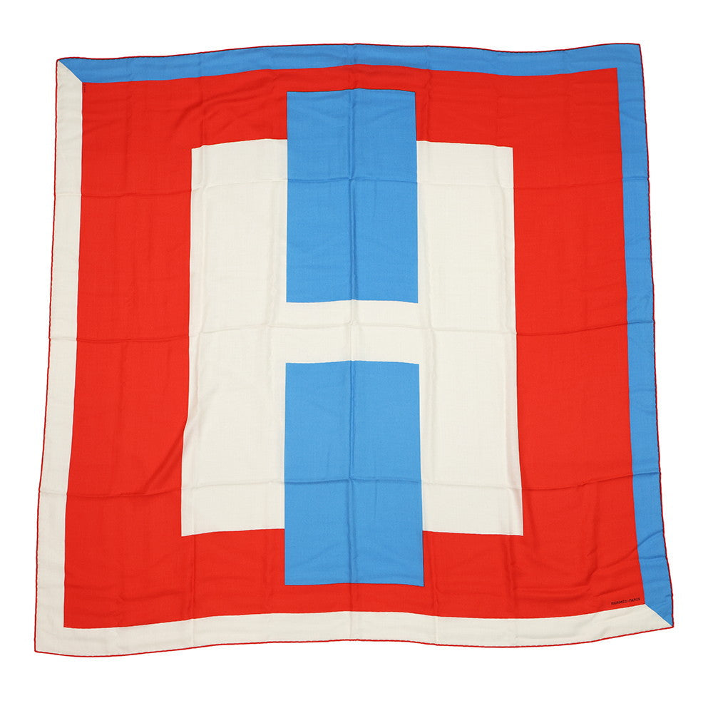HERMES Carre Jean H PASSANT Hã»Passant Size 140 Rouge/Blue/Blanc Cashmere70% Silk30%