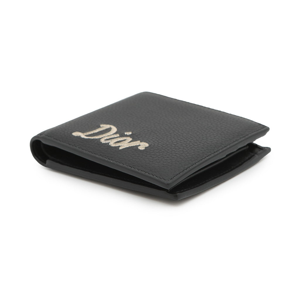 Dior Embroidered Logo Bifold Wallet Black Leather
