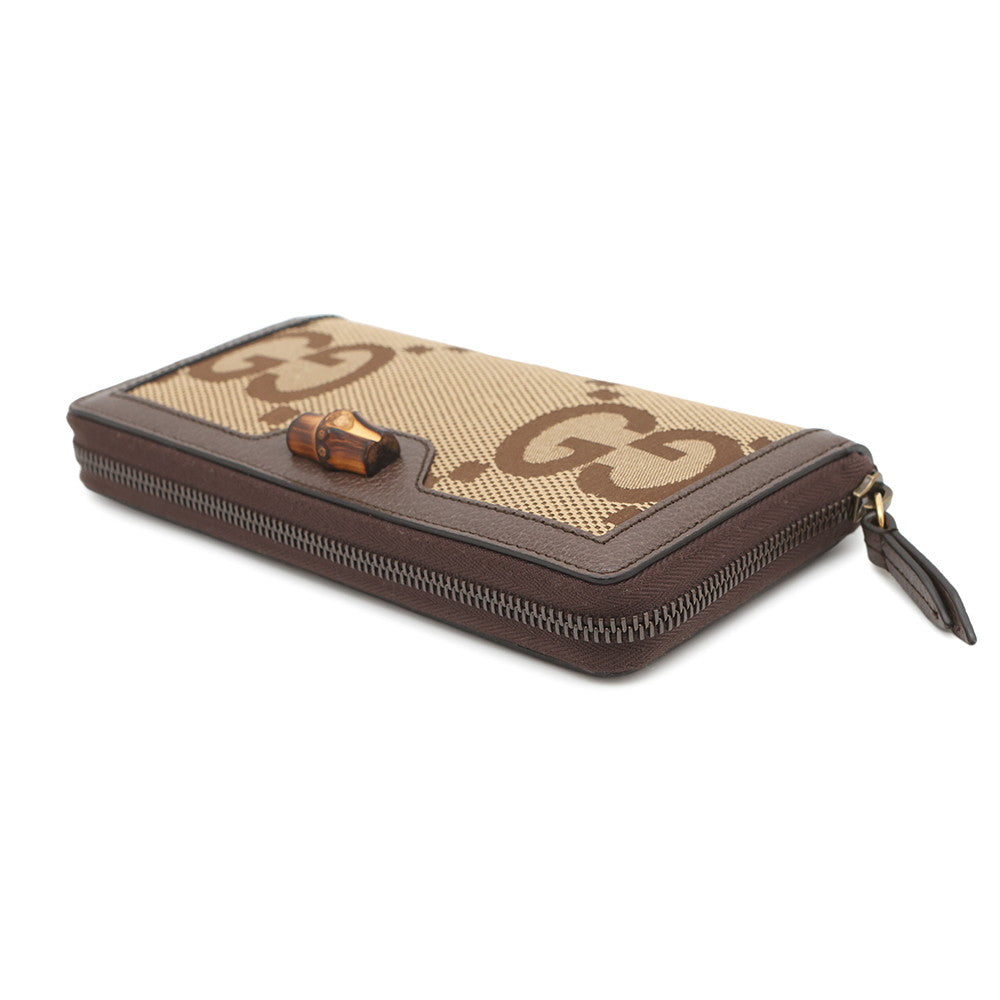 GUCCI Jumbo GG Bamboo Zip Around Wallet Beige/Brown658634 Canvas/Leather