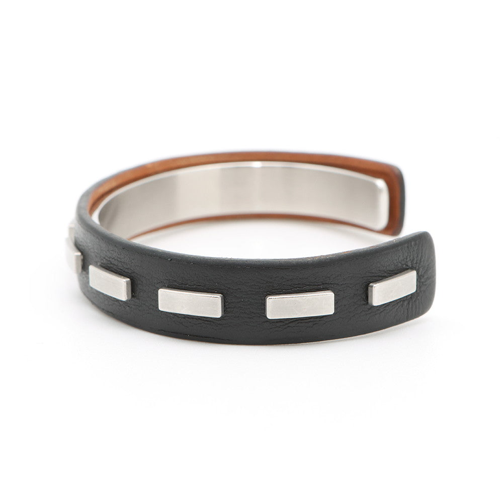 HERMES Combination Bangle Size S Black/Silver Leather Metal