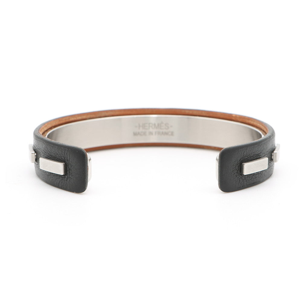 HERMES Combination Bangle Size S Black/Silver Leather Metal