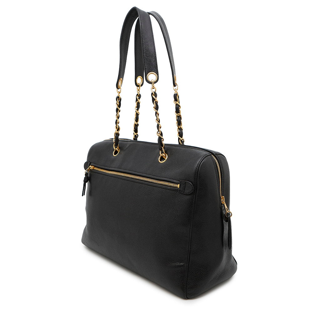 CHANEL CC Logo Chain Travel Bag Black Caviar Leather