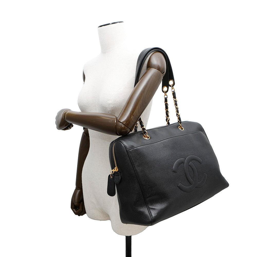 CHANEL CC Logo Chain Travel Bag Black Caviar Leather