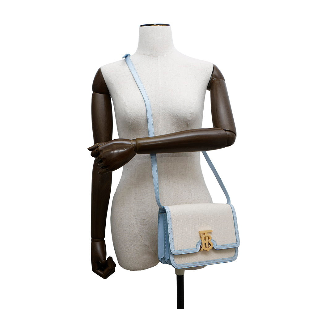 BURBERRY TB logo Shoulder Bag Beige/Light Blue Canvas Leather