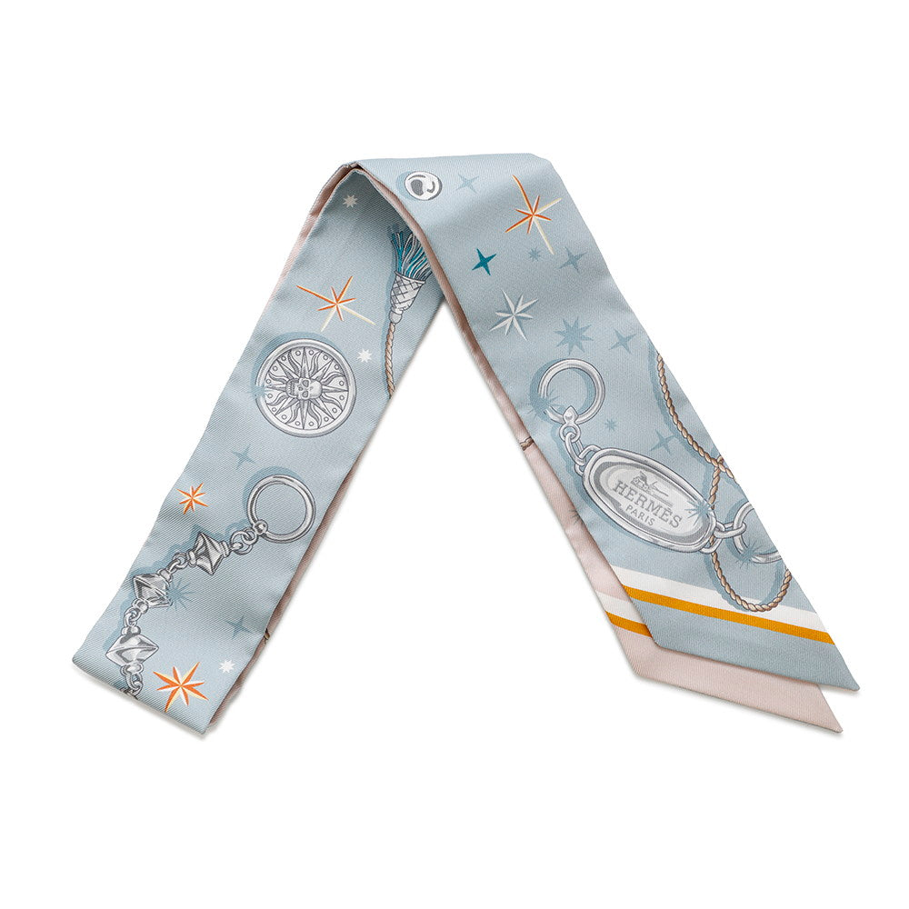 HERMES Twilly C'est la FÃªte Blue Gacier/Rose Poudre/Gray Silk100%