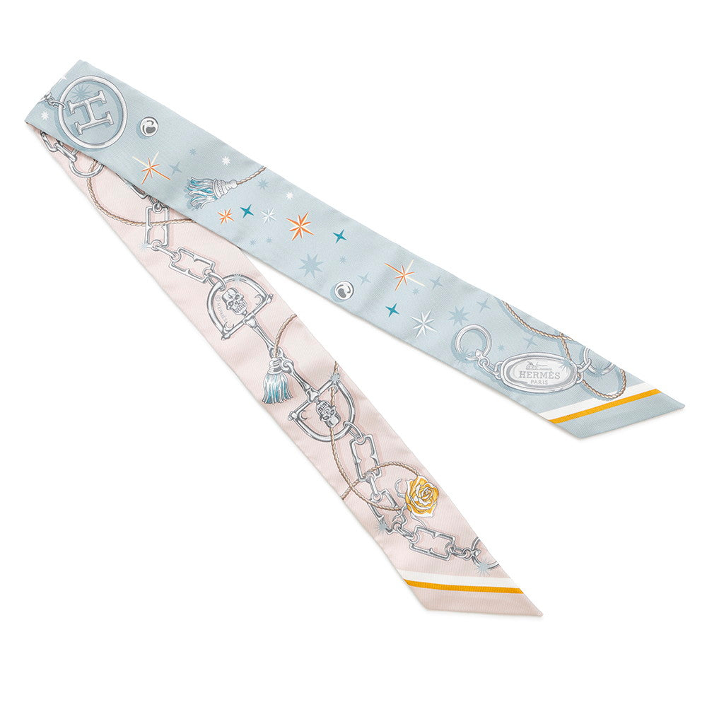 HERMES Twilly C'est la FÃªte Blue Gacier/Rose Poudre/Gray Silk100%