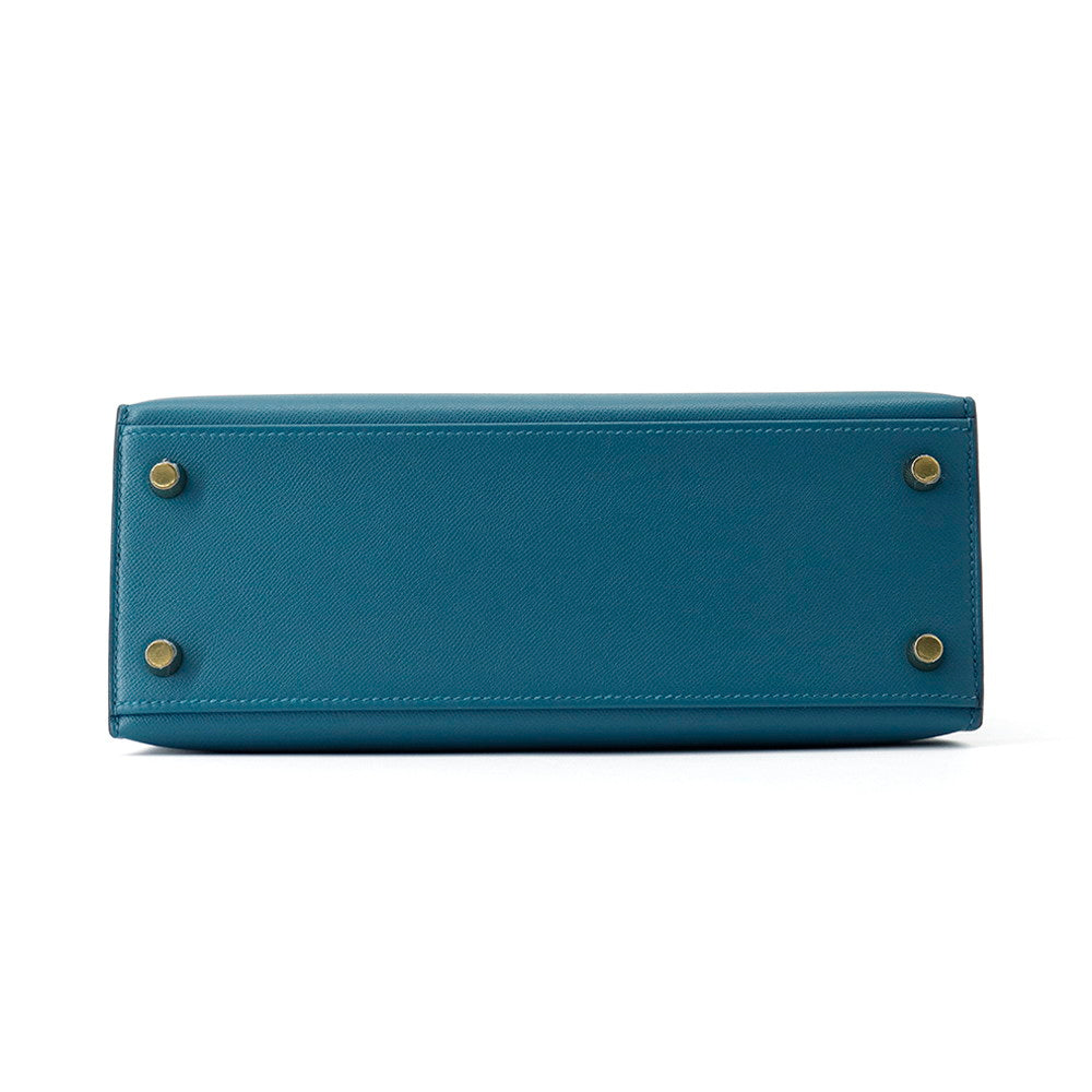 HERMES Kelly Sellier Verso VertBosphore/Blue Ocean Veau Madame Size 25