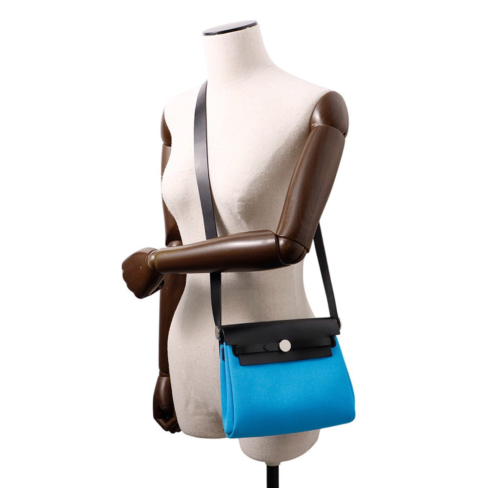 HERMES Herbag zip Blue Riviera/Black Toile Military Vache Hunter Leather Size Mini