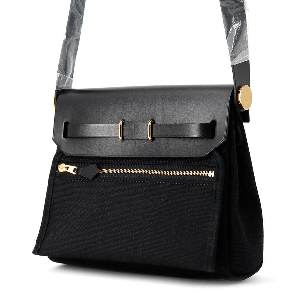 HERMES Herbag zip Black Toile Military Vache Hunter Leather Size Mini