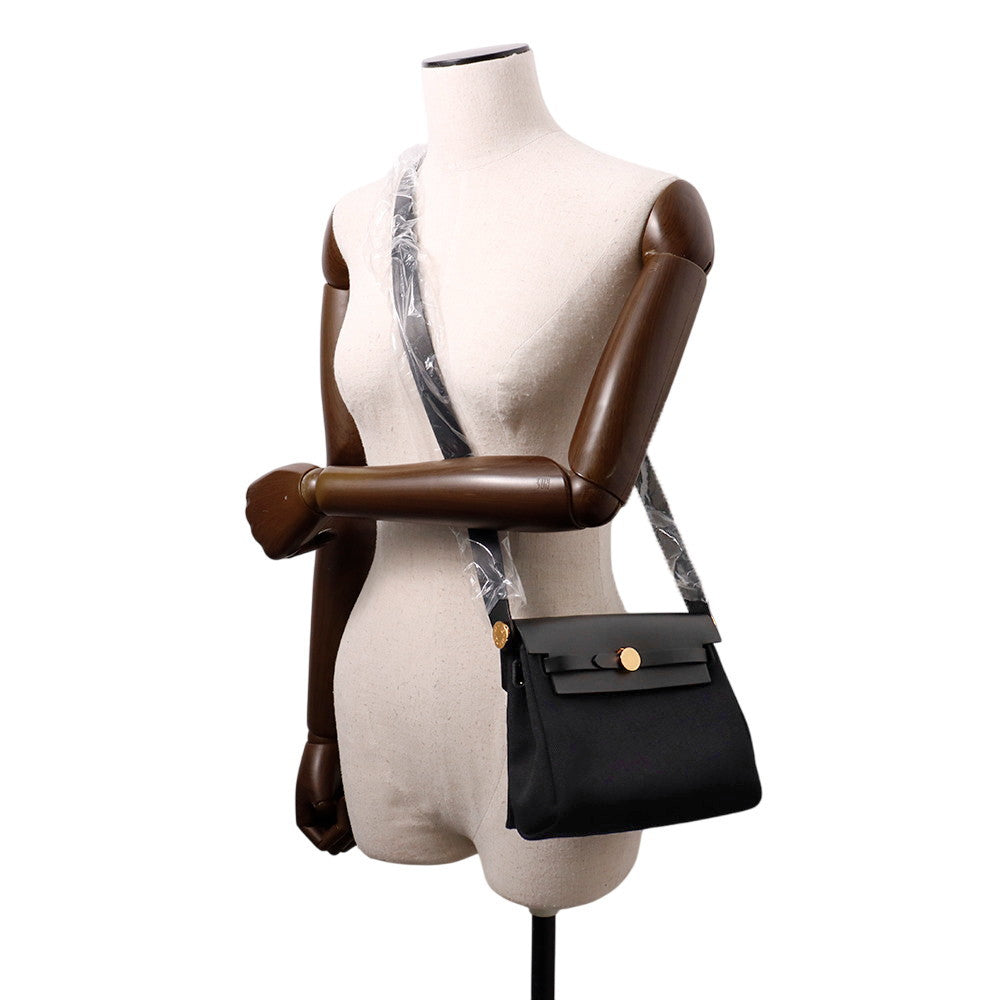HERMES Herbag zip Black Toile Military Vache Hunter Leather Size Mini