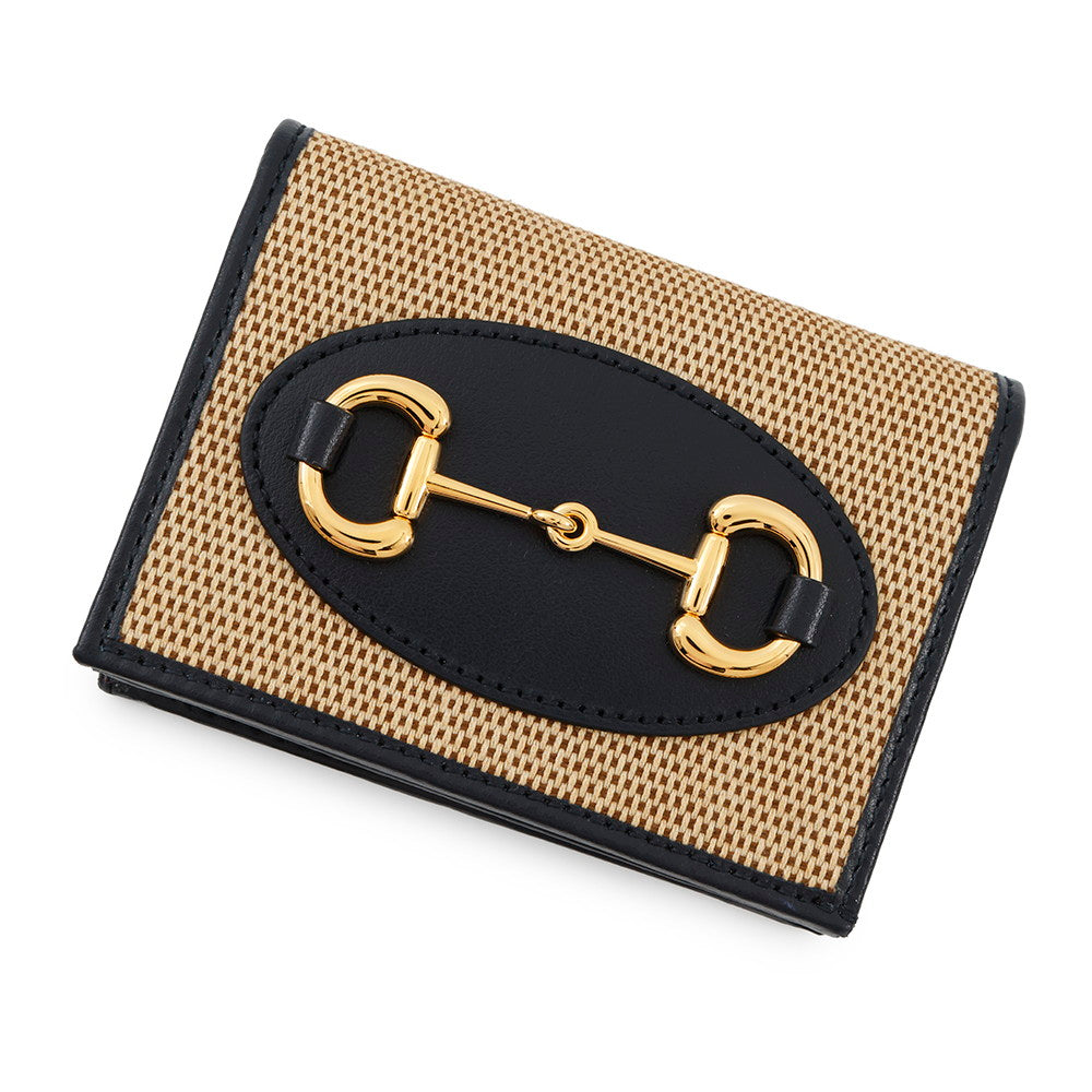GUCCI Horsebit 1955 Compact Wallet Beige/Navy621887 Straw/Leather