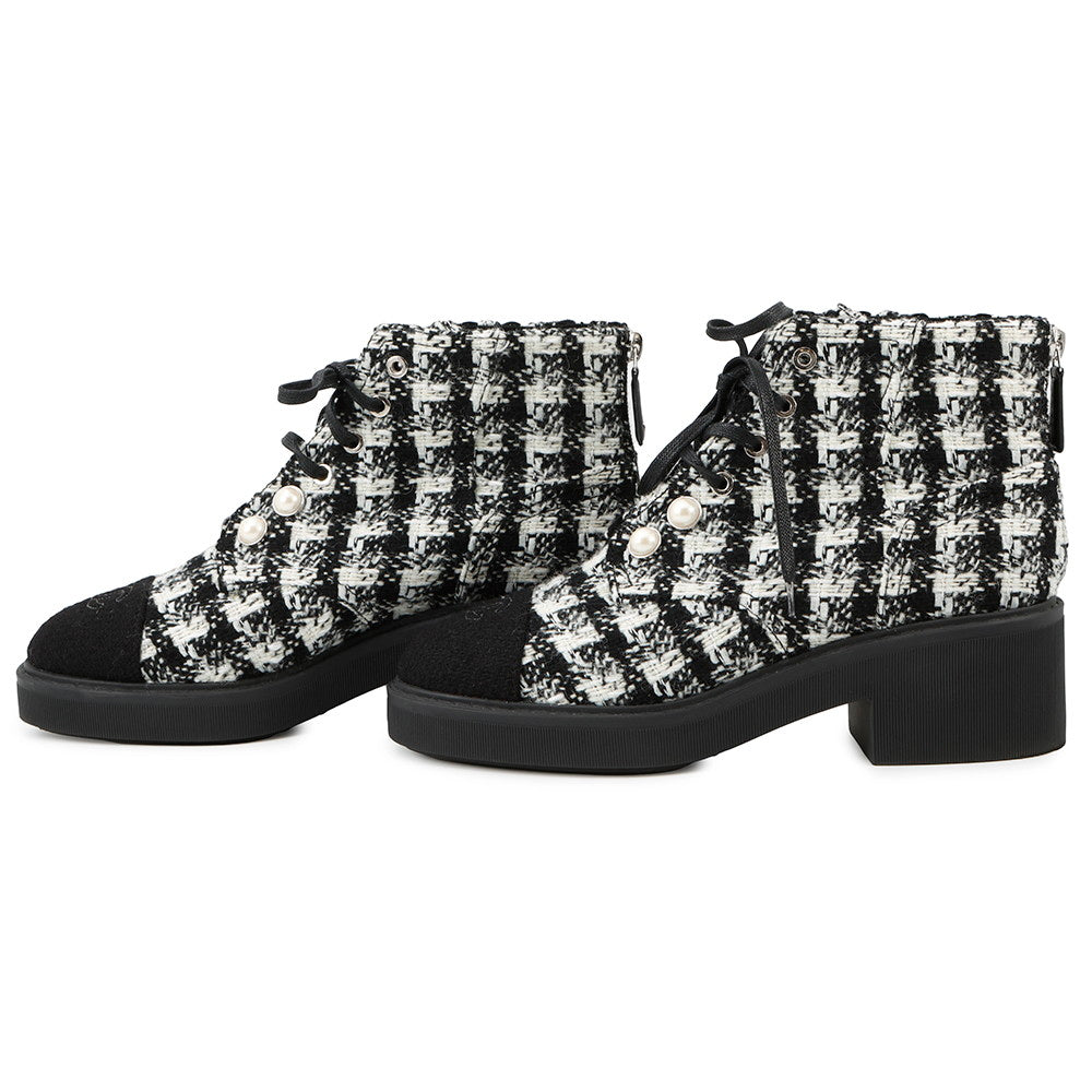 CHANEL short boots Black/WhiteG33823 Tweed Faux Pearl Size 38