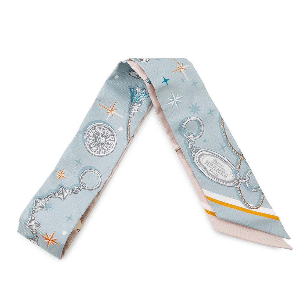 HERMES Twilly C'est la FÃªte Blue Gacier/Rose Poudre/Gray Silk100%