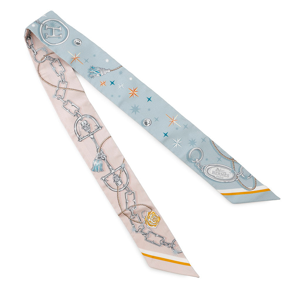 HERMES Twilly C'est la FÃªte Blue Gacier/Rose Poudre/Gray Silk100%