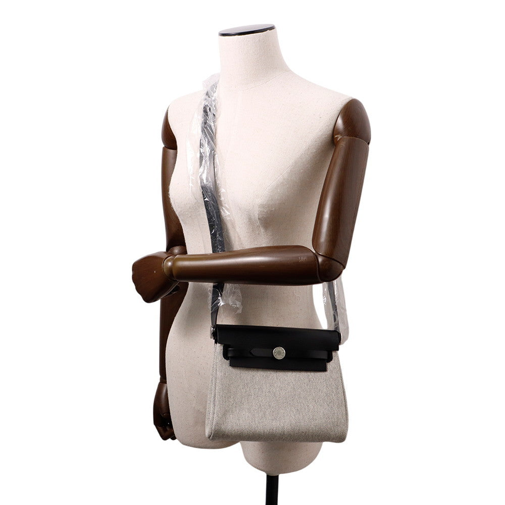 HERMES Herbag zip Ecru/Black Toile Military Vache Hunter Leather Size Mini