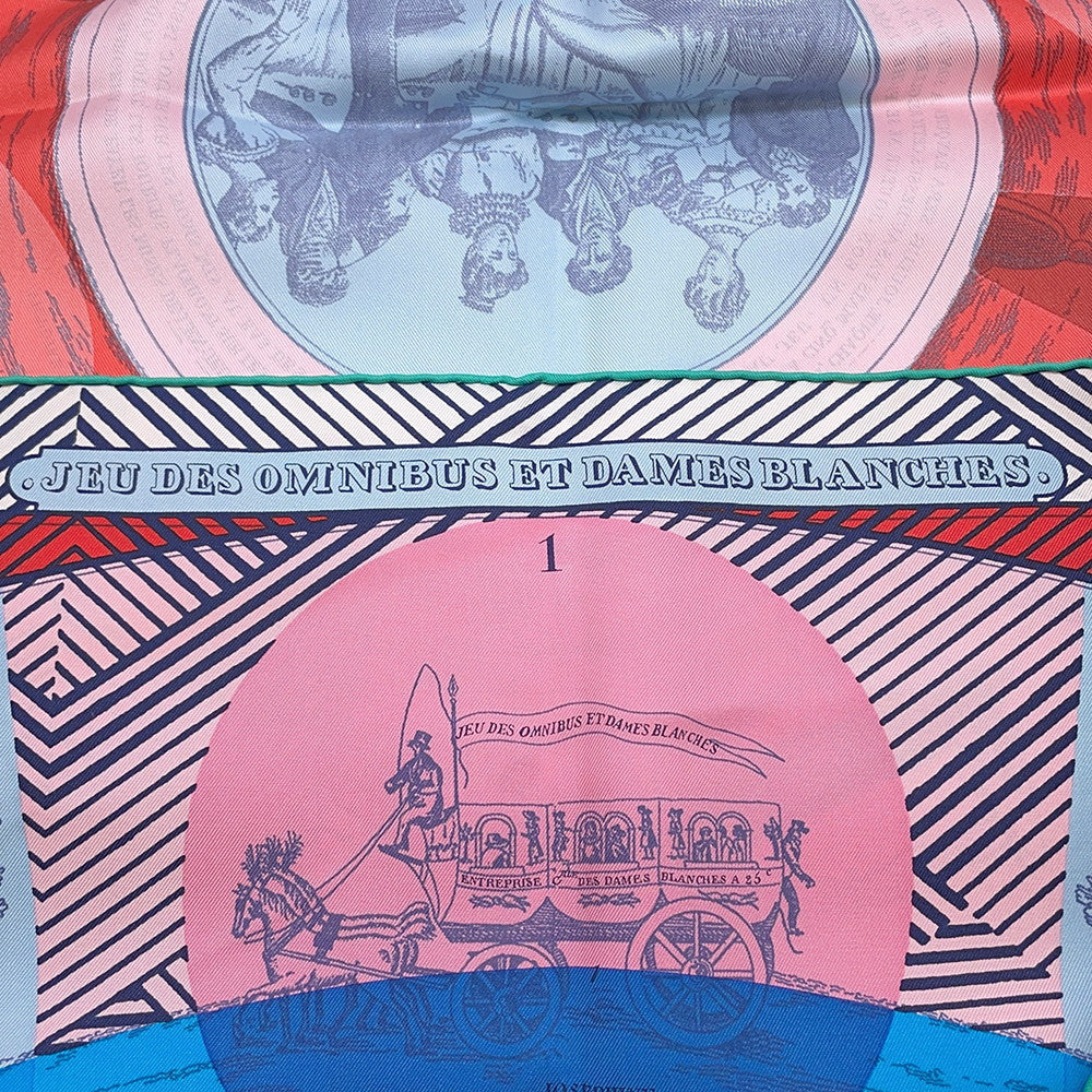 HERMES Scarf Carre Jeu des omnibus et damesBlanches Omnibus White Lady Game Size 90 Pink/Blue/Red Silk 100%
