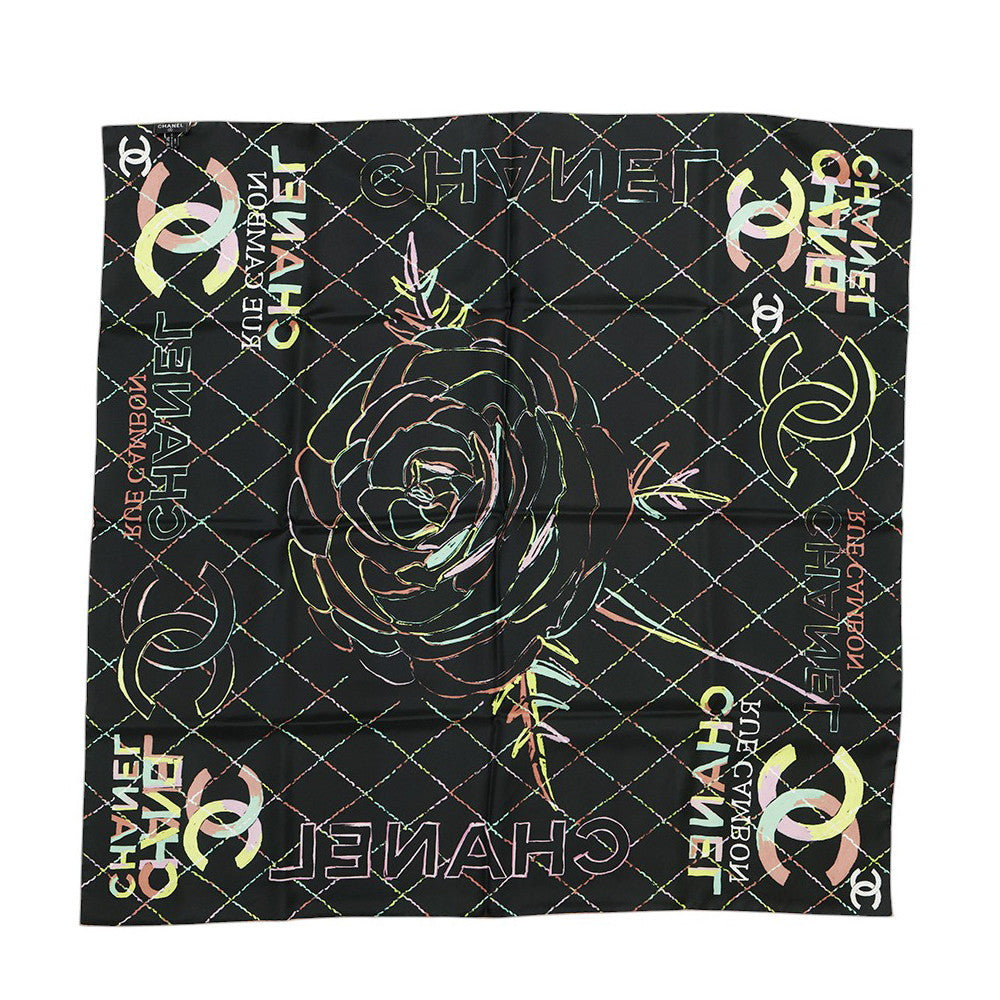 CHANEL Reversible CC Logo/CHANEL Logo/Camellia Large Scarf Size Approximately35.4" Black/Navy/Multicolor Silk100%