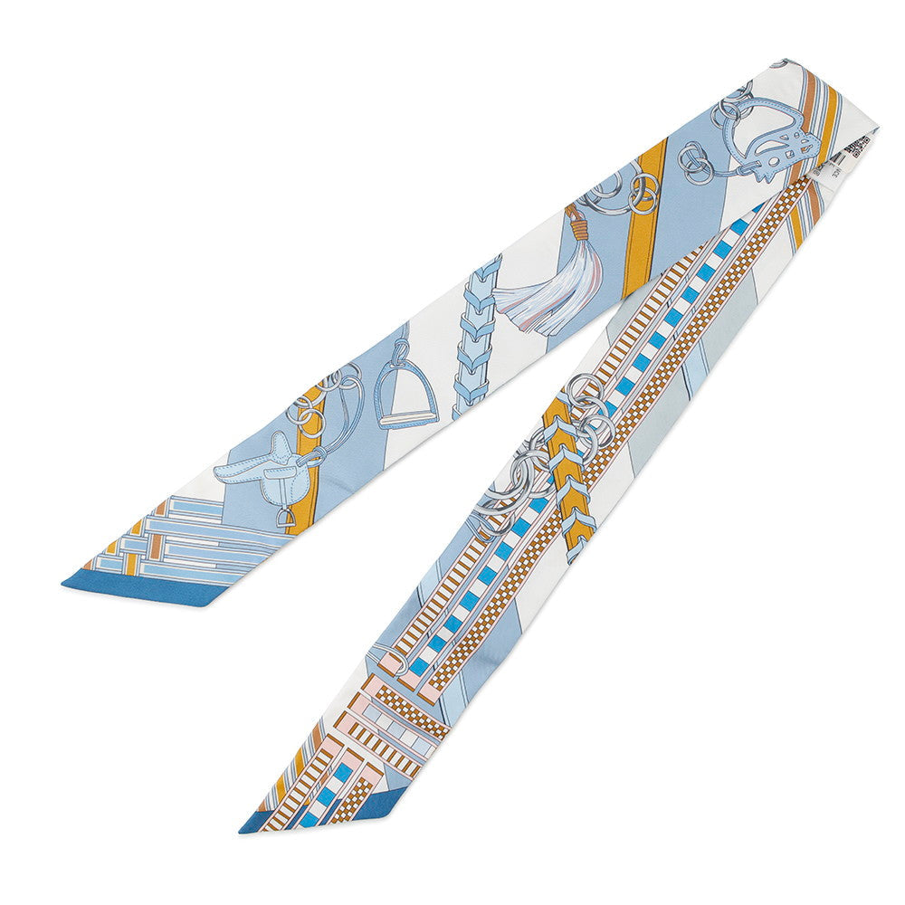 HERMES Twilly Brides et Gris-Gris Blue Jean/White/MulticolorH062849S Silk100%