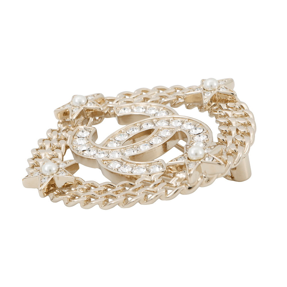 CHANEL CC Logo Round Star Brooch Champagne Gold Gold Plated Rhinestone Faux Pearl