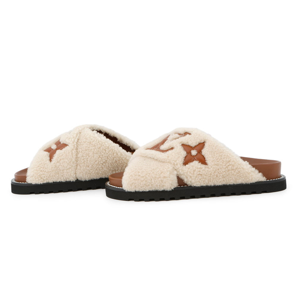 LOUIS VUITTON Paseo Flat Comfort Mules Nude1AA1VY Shearling Leather Size 37