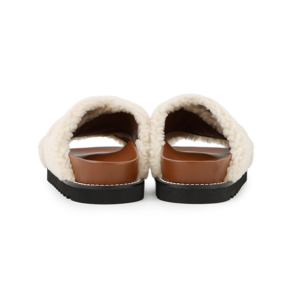 LOUIS VUITTON Paseo Flat Comfort Mules Nude1AA1VY Shearling Leather Size 37