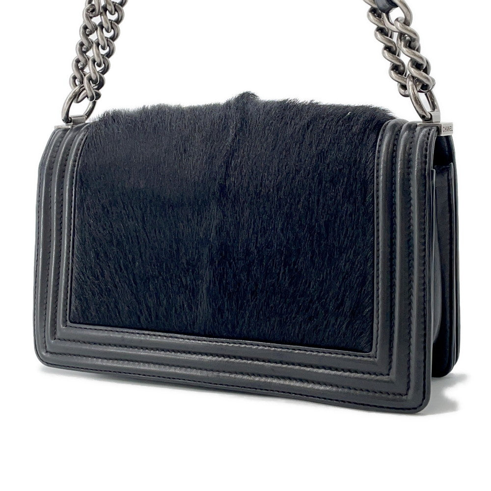 CHANEL Boy Chanel ChainShoulder Bag Black Leather Fur Size 23