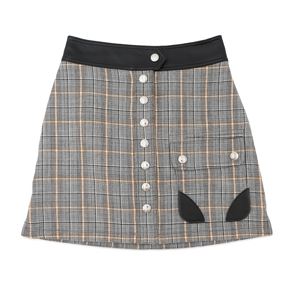 LOUIS VUITTON Leather Trim Check Skirt Size 36 Gray/Black/OrangeRW232W Wool 43% Rayon 23% Cotton23% Linen 8% Nylon 3% Lamb Leather