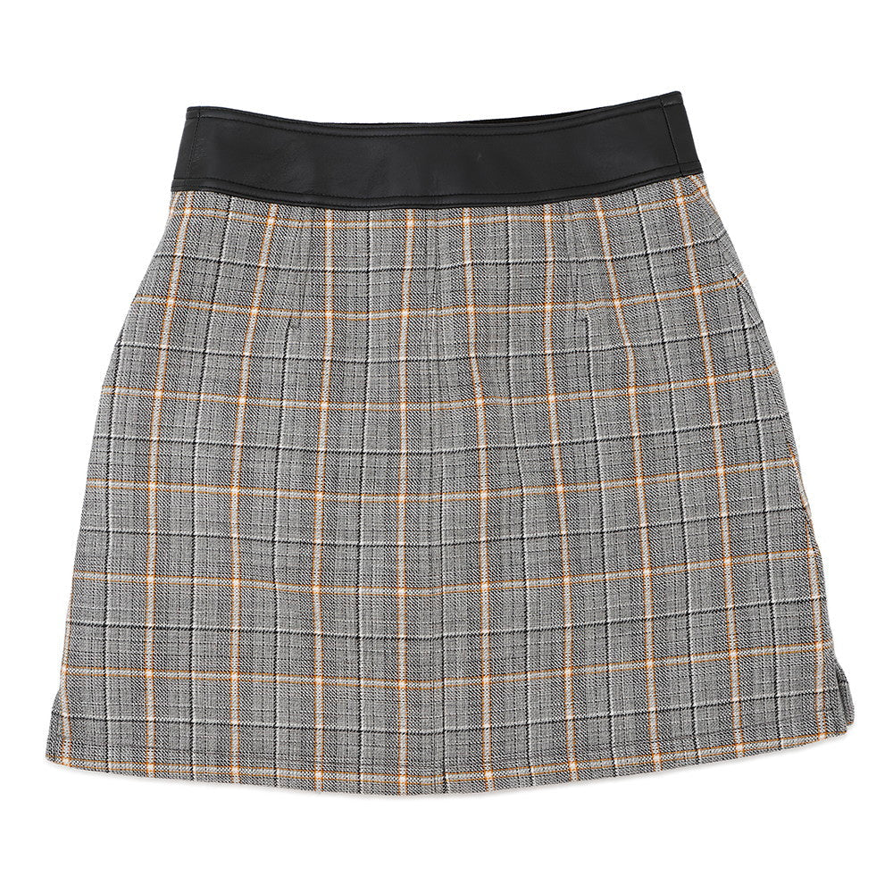 LOUIS VUITTON Leather Trim Check Skirt Size 36 Gray/Black/OrangeRW232W Wool 43% Rayon 23% Cotton23% Linen 8% Nylon 3% Lamb Leather