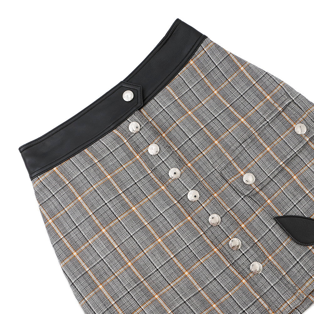 LOUIS VUITTON Leather Trim Check Skirt Size 36 Gray/Black/OrangeRW232W Wool 43% Rayon 23% Cotton23% Linen 8% Nylon 3% Lamb Leather
