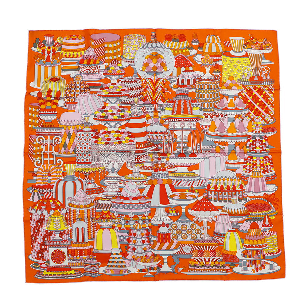 HERMES Carre Patisserie FranÃ§aise Size 90 Orange/Rose/Gris Silk100%