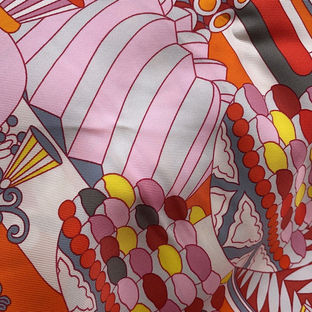 HERMES Carre Patisserie FranÃ§aise Size 90 Orange/Rose/Gris Silk100%